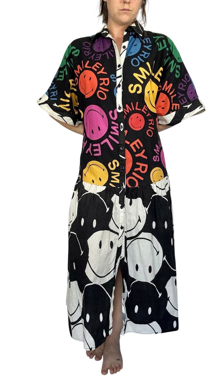 Farm Rio x Smiley Graphic Print Dress Multicolor Smiley Face Black White Trim